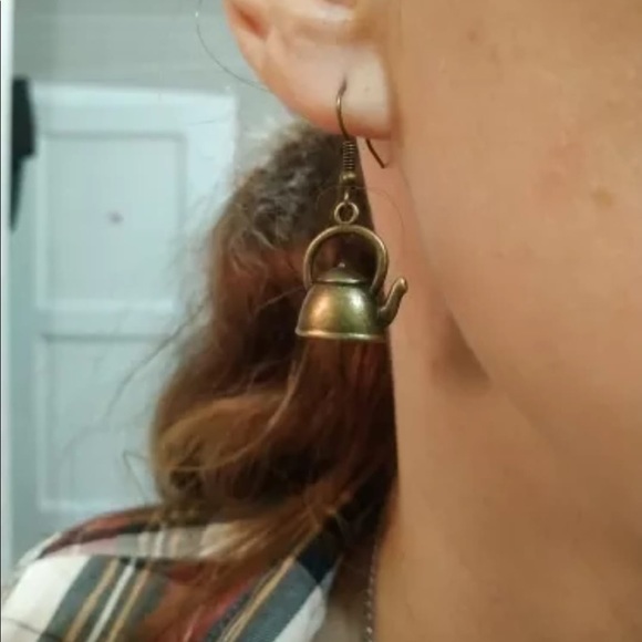 Vintage Bronze Kettle Shape Dangle Earrings for Women Girl Retro coffee Drop - Picture 5 of 5